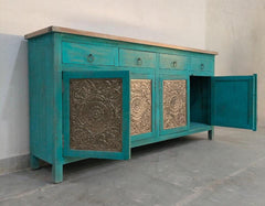 Indian Antique Brass Work Solid Wood Sideboard C20