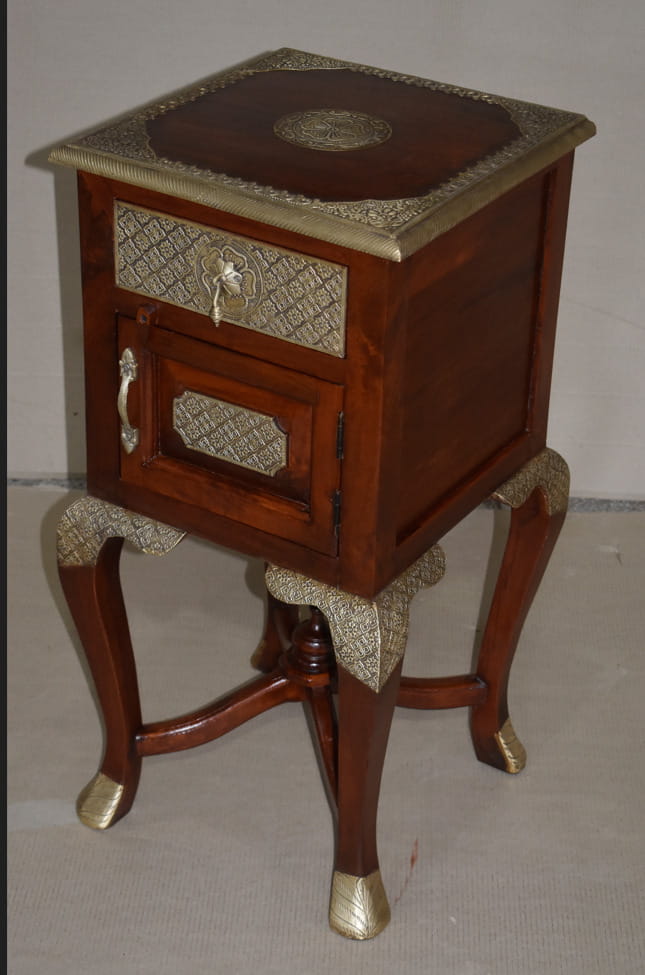 Antique Brass Work Solid Wood Brass Bedside Table