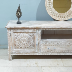 Handmade Indian Furniture Solid Hard Wood Carved Tv Unit in Whitewash 195X40X60CM