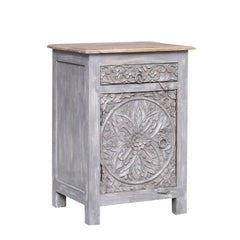 Dynasty Hand Carved Indian Reclaimed Wood Single Drawer Side Table