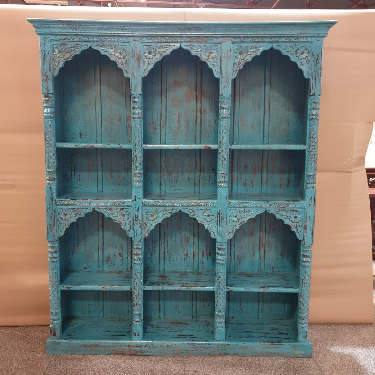 Antique Indian Hand Carved Wooden Bookshelf 169x39x196cm Blue