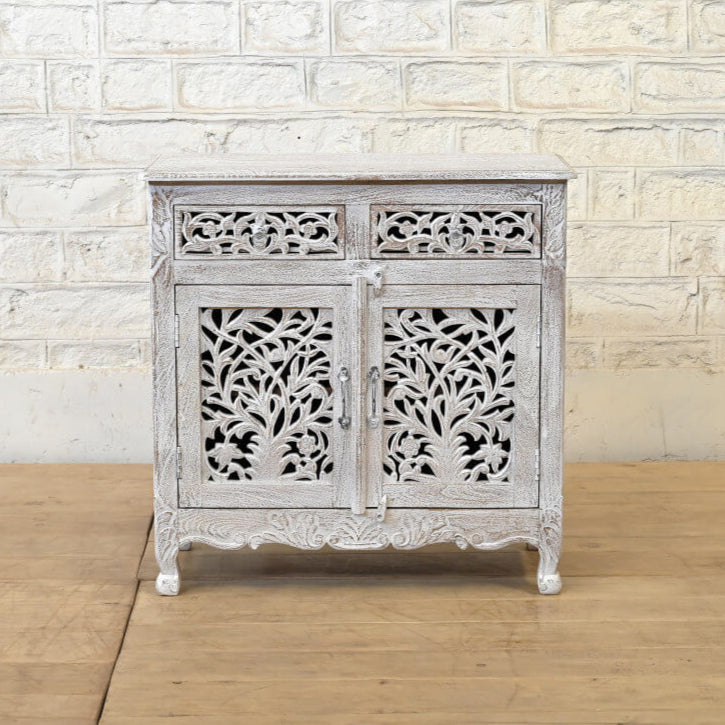 Indian Jali Solid Wood Hand Carved Cabinet White