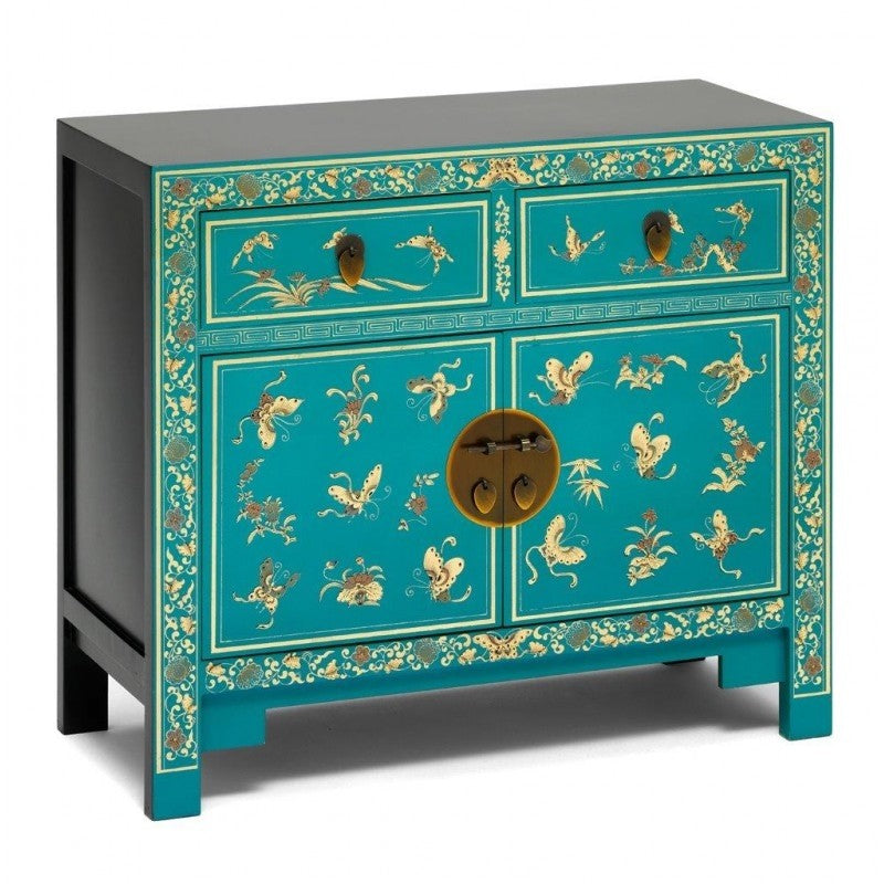 Golden Dragon Oriental Painted Solid Wood Blue and Gold Sideboard 90x40x80cm