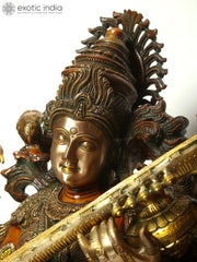 Indian Lord Goddess Sarasvati Brass Statue