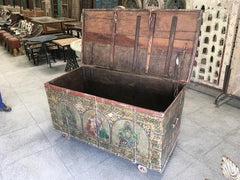 Vintage Hand Painted Indian Solid Wood Merchants Chest Storage Box