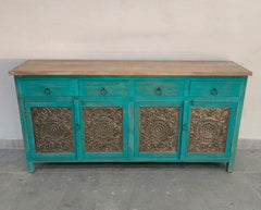 Indian Antique Brass Work Solid Wood Sideboard C20