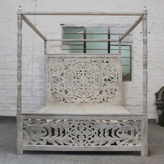 Dynasty Hand Carved Indian Wooden 4 Post Bed Frame White 2