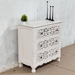 Handmade Indian Furniture Solid Hard Wood Floral Carvings 3 Chest of Drawers Dresser White