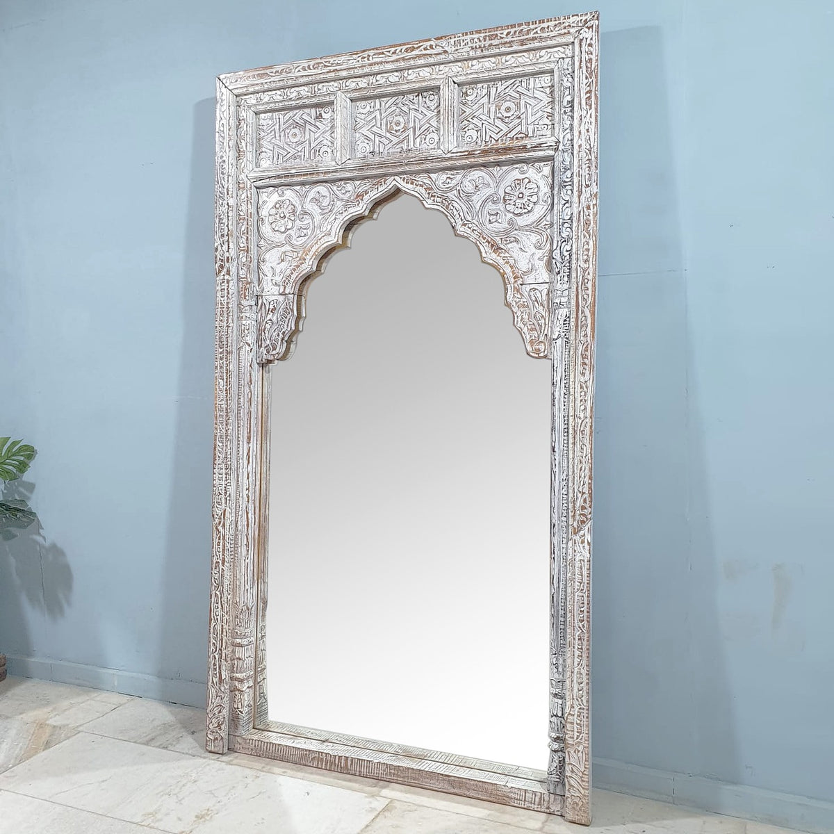 Handmade Indian Furniture Solid Mango Wood Large Arch Mirror Frame Rustic White 120x200Cm (Copy)