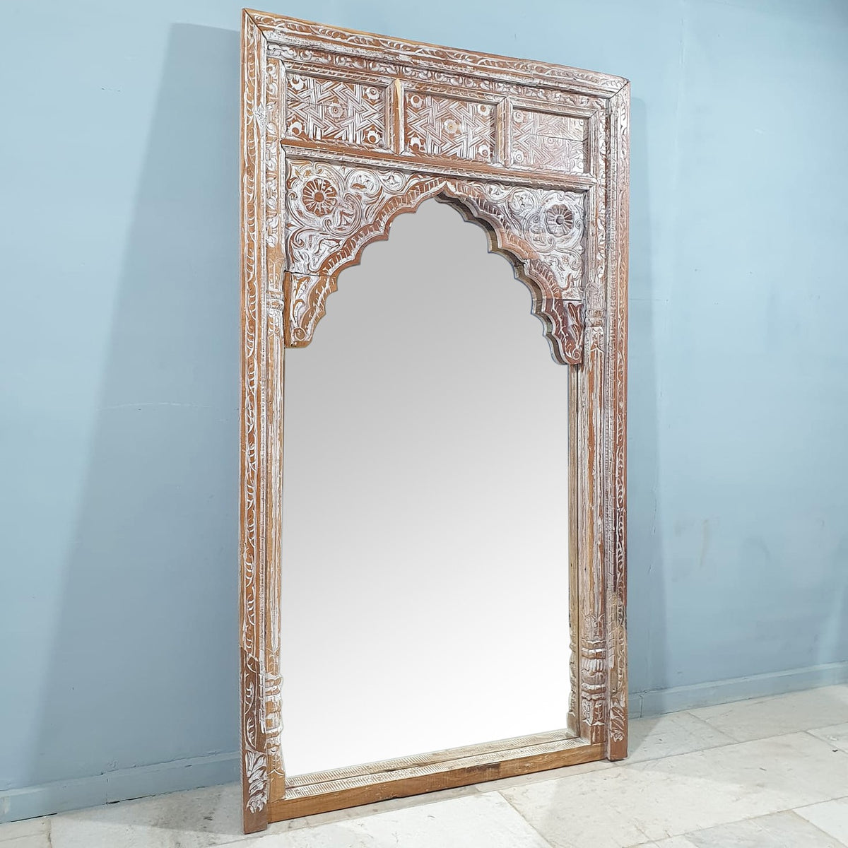 Handmade Indian Furniture Solid Mango Wood Large Arch Mirror Frame Rustic White 120x200Cm