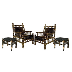 Heritage Indian Hand Carved Painted Chair & Stool Set 4 pcs