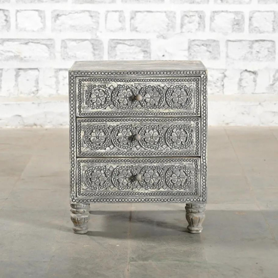 Hand Carved Solid Wood Bedsides Table Gray 65