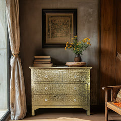 Indian Antique Brass Work Solid Wood Chest of Drawers D21