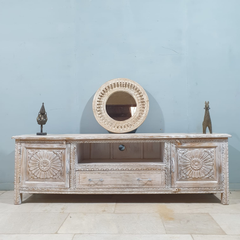 Handmade Indian Furniture Solid Hard Wood Carved Tv Unit in Whitewash 195X40X60CM