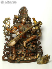 Indian Lord Goddess Sarasvati Brass Statue