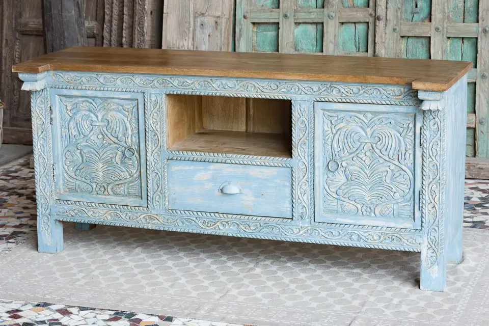 Indian Hand Mughal Garden Solid Wooden Entertainment TV Unit Plasma Bluewash 152×47×71cm