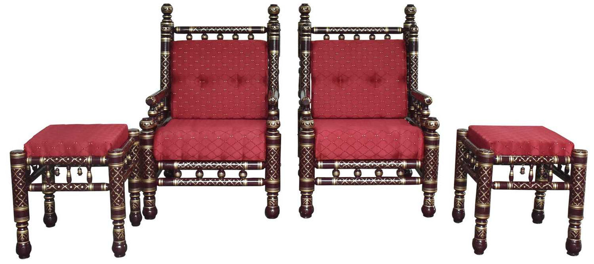 Heritage Indian Hand Carved Painted Chair & Stool Set 4 pcs