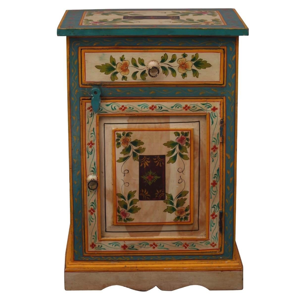 Pandora Hand Painted Indian Solid Wood Bedside Table Blue