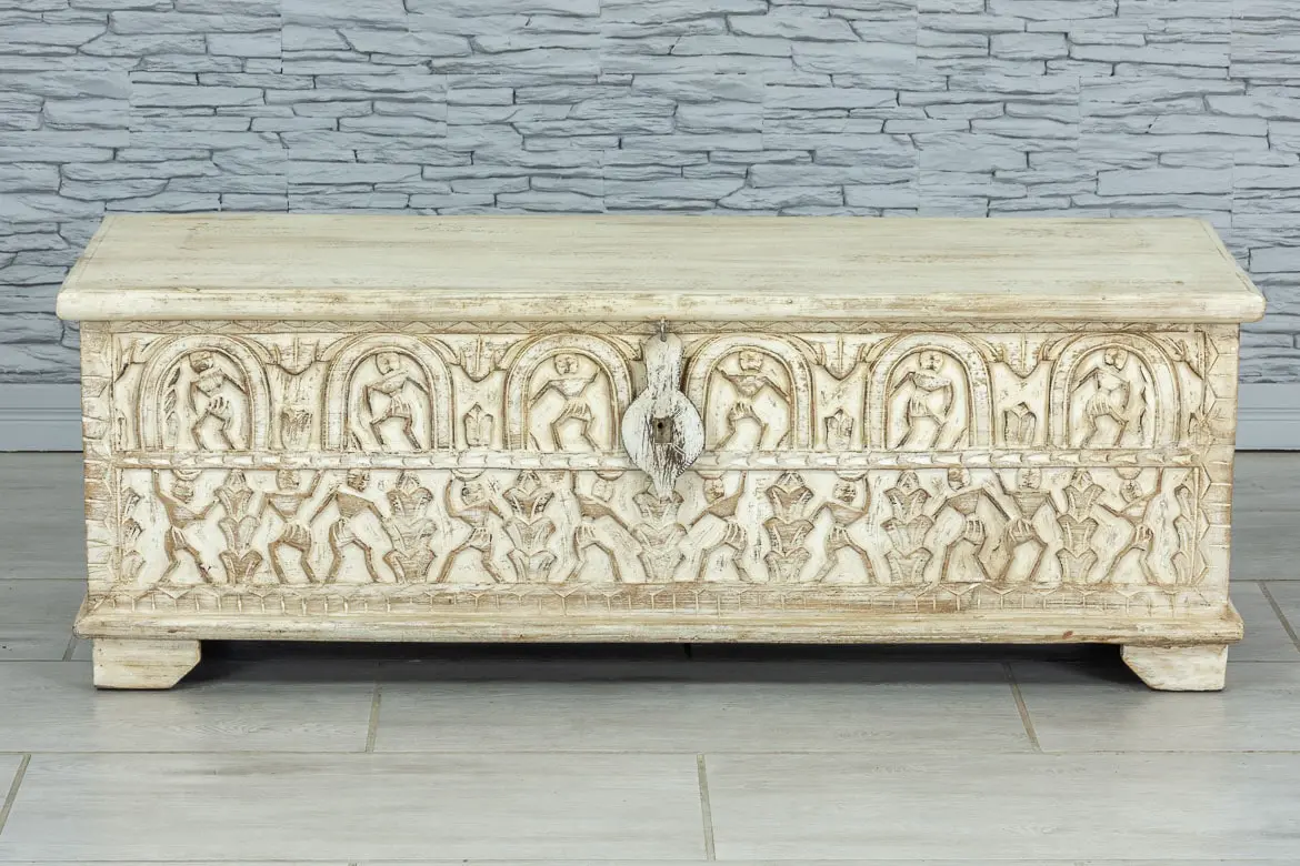 Indian Hand Mughal Garden Solid Wooden Chest Blanket Box Storage Solid Whitewash 114×40×41cm