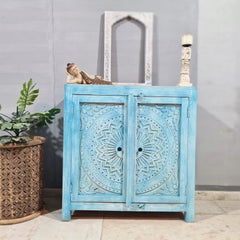 Handmade Carved Indian Furniture Solid Hard Wood Cabinet Floral Pattern Blue 90x40x90Cm