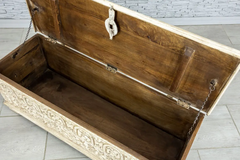 Indian Hand Mughal Garden Solid Wooden Chest Blanket Box Storage Solid Whitewash 114×40×41cm