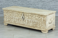 Indian Hand Mughal Garden Solid Wooden Chest Blanket Box Storage Solid Whitewash 114×40×41cm