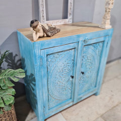 Handmade Carved Indian Furniture Solid Hard Wood Cabinet Floral Pattern Blue 90x40x90Cm