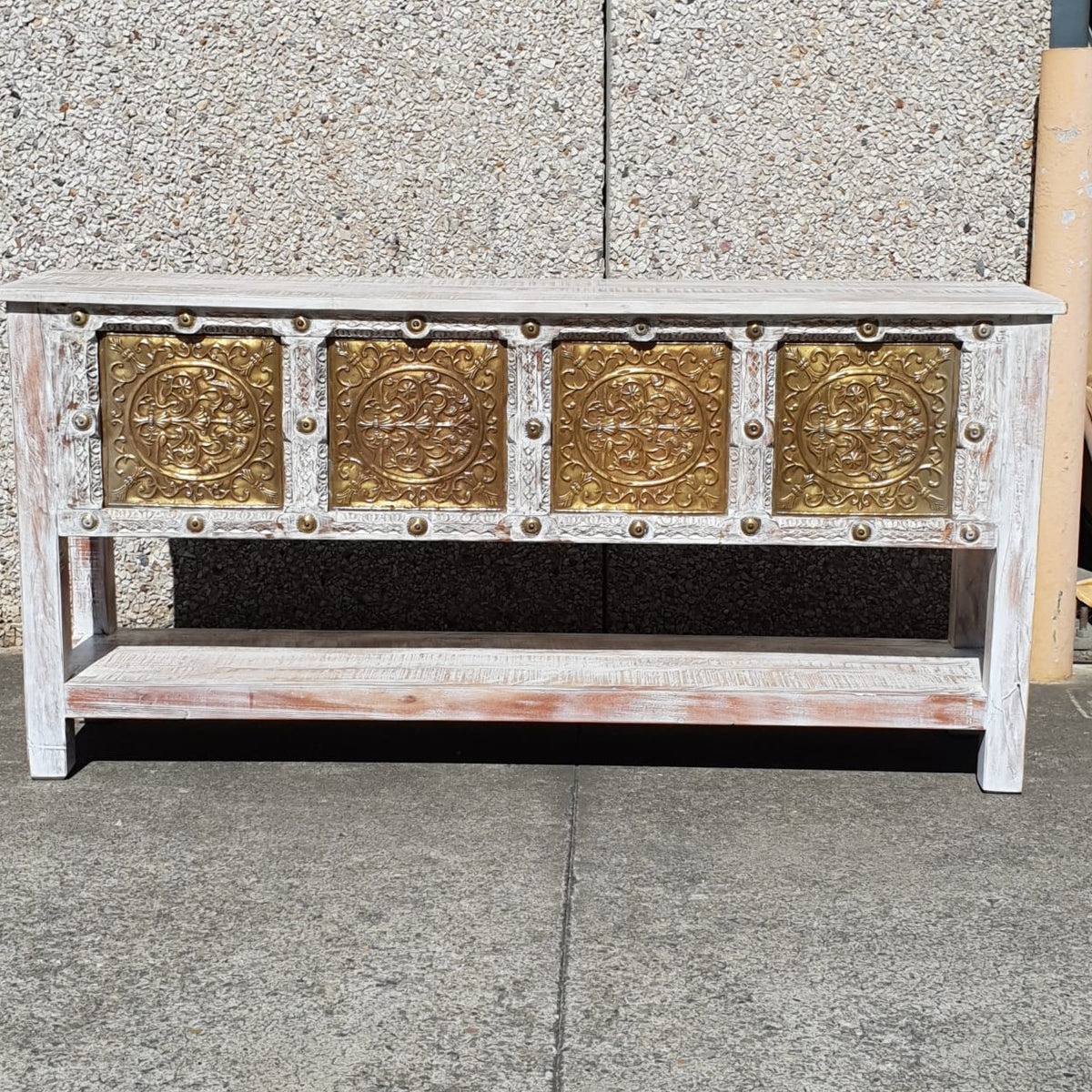 Handmade Carved Solid Hard Wood Console Table With Brass Fittings