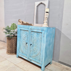 Handmade Carved Indian Furniture Solid Hard Wood Cabinet Floral Pattern Blue 90x40x90Cm