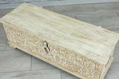 Indian Hand Mughal Garden Solid Wooden Chest Blanket Box Storage Solid Whitewash 114×40×41cm