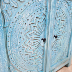 Handmade Carved Indian Furniture Solid Hard Wood Cabinet Floral Pattern Blue 90x40x90Cm