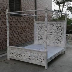 4 Poster Dynasty Bed in White Grey Wash VINEET PATTERN - King