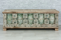 Indian Hand Mughal Garden Carved Solid Wooden Chest Blanket Box Storage Solid Whitewash 164×60×57cm