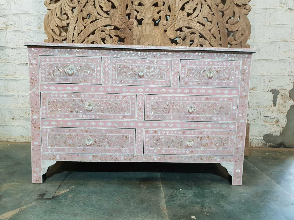 Maaya Bone Inlay Chest Of Drawer Pink White Floral Pattren B