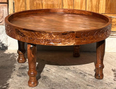 Indian Hand Carved Solid Wood Chakki Grinder Coffee Table C166