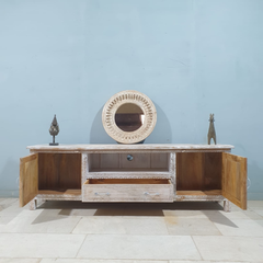 Handmade Indian Furniture Solid Hard Wood Carved Tv Unit in Whitewash 195X40X60CM