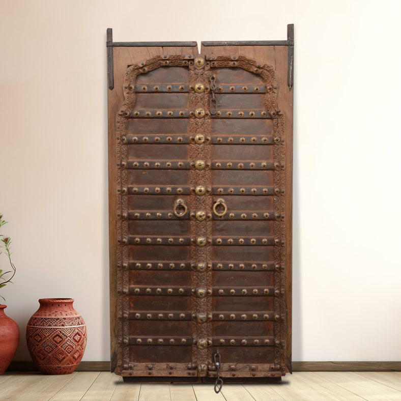 Indian Vintage Antique Reclaimed Teak Wood Brass Work Door Panel 32