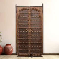 Indian Vintage Antique Reclaimed Teak Wood Brass Work Door Panel 32