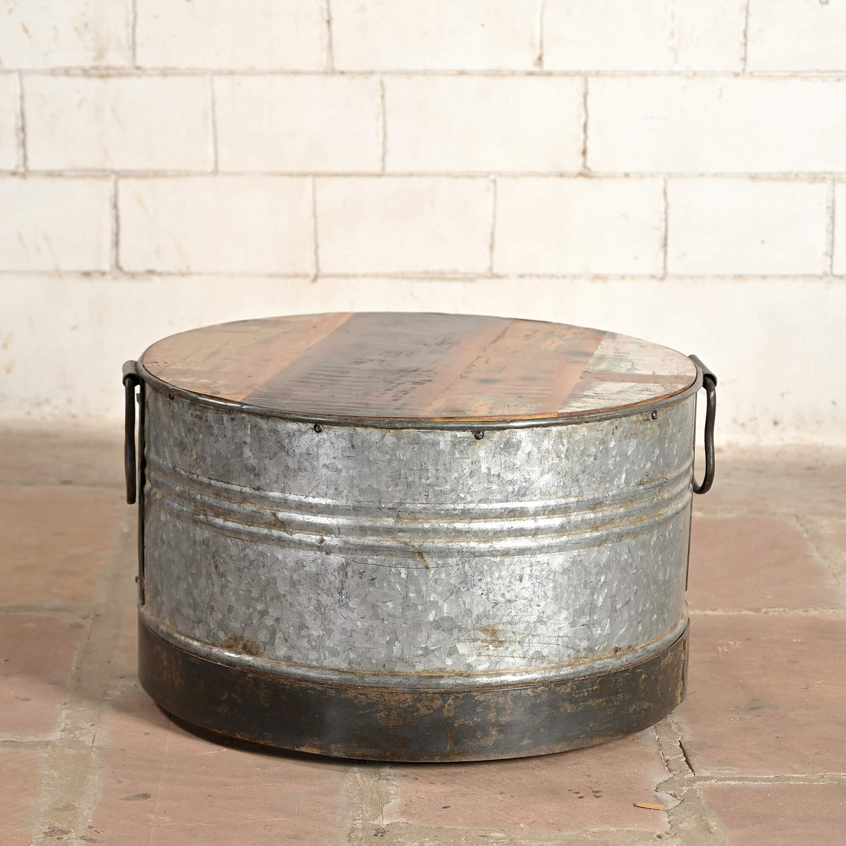 Vintage Reclaimed Wood Drum Coffee Table