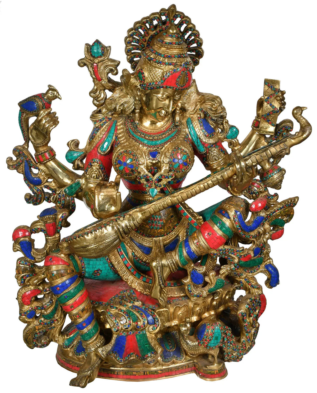 Indian Lord Goddess Sarasvati Brass Statue With Inlay Work