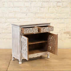 Indian Jali Solid Wood Hand Carved Cabinet White