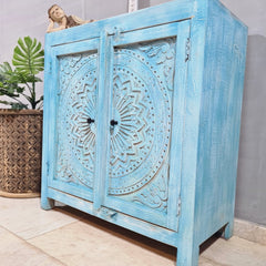 Handmade Carved Indian Furniture Solid Hard Wood Cabinet Floral Pattern Blue 90x40x90Cm