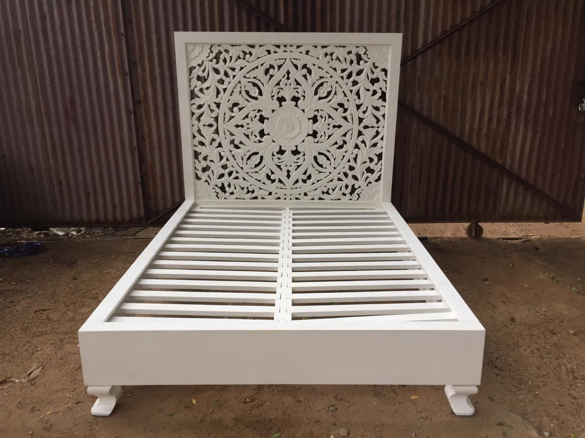 Dynasty Hand Carved Indian Solid Wooden Bed Frame White B