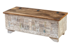 Indian Hand Mughal Garden Carved Solid Wooden Chest Blanket Box Storage Whitewash 119×47×47cm