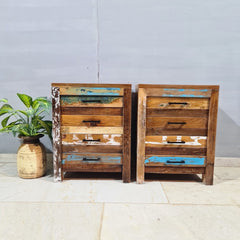 Reclaimed Handmade Carved Indian Furniture Solid Hard Wood Bedside Table with 4 Drawers 50x40x65Cm