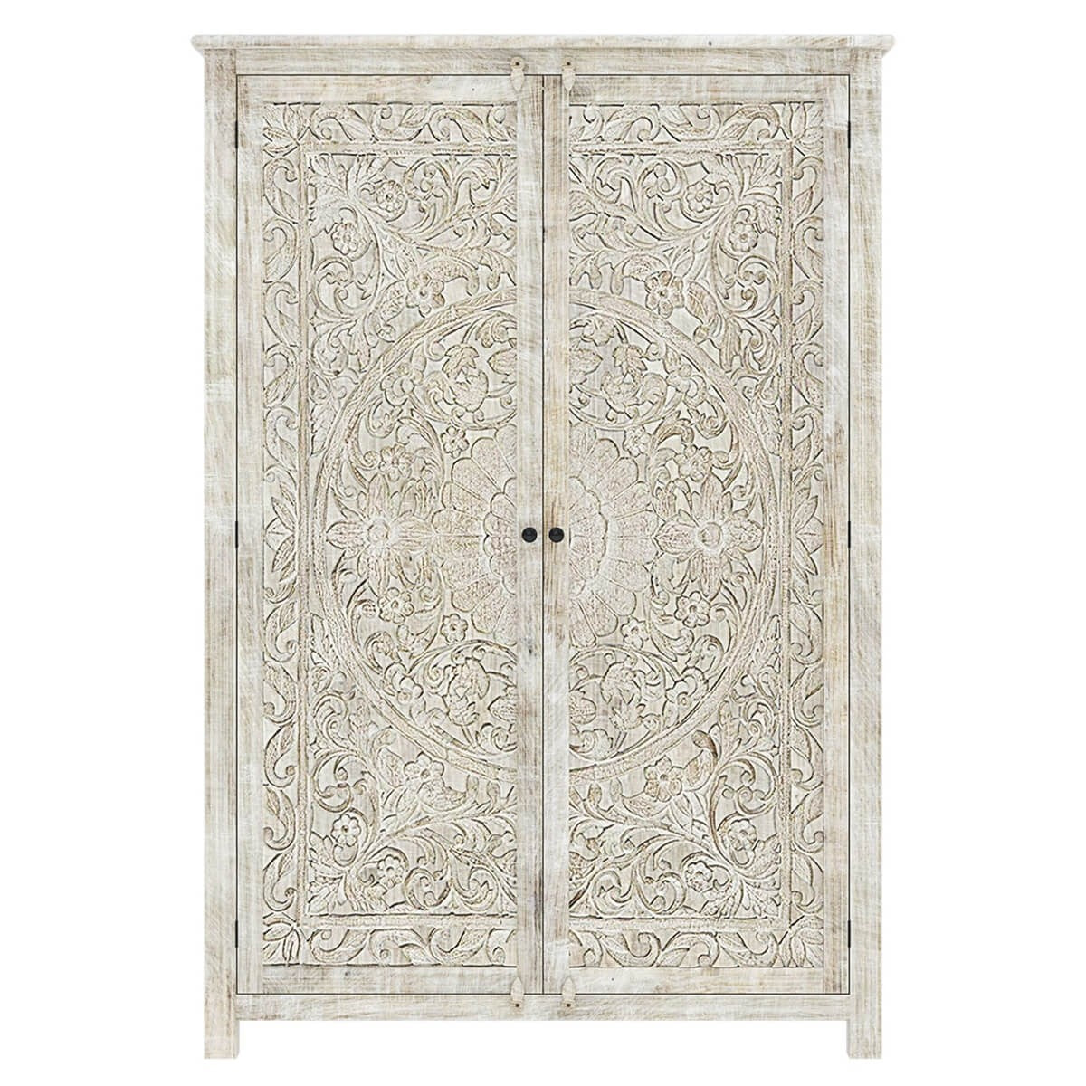 Dynasty Hand Carved Indian Solid Wood Large White Wardrobe Cabinet