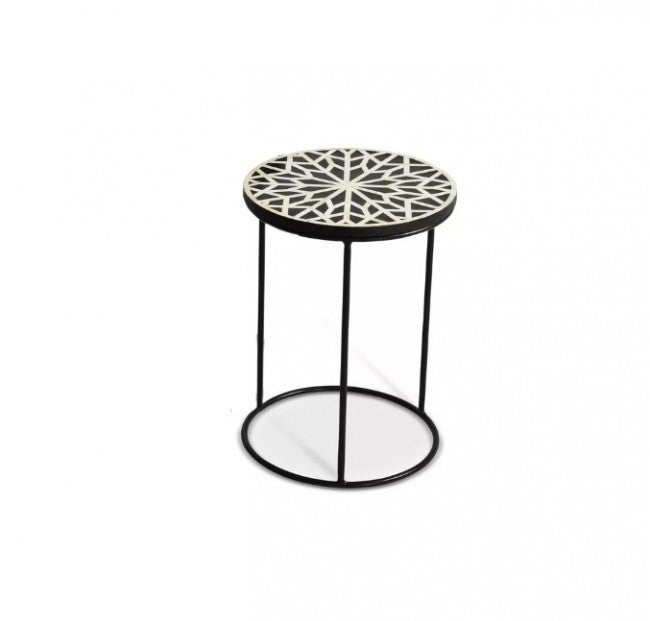 Maaya Bone Inlay Floral White Black Metal Leg Side Table