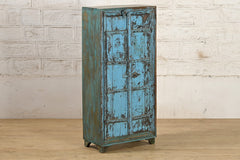 Indian Vintage Solid Wood Hand Carved Cupboard Cabinet Rustic Blue