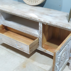 Handmade Indian Furniture Solid Hard Wood Carved Tv Unit in Whitewash 195X40X60CM