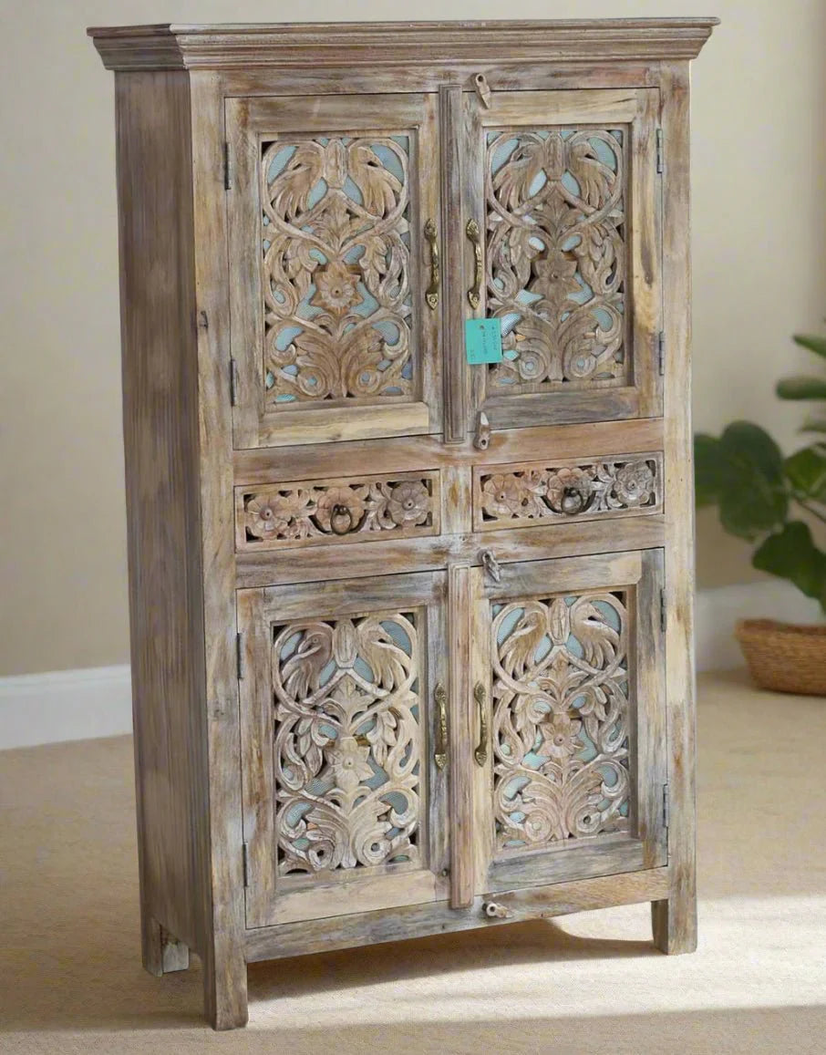 Indian Hand Carved Mango Wooden Cupboard Wardrobe D73